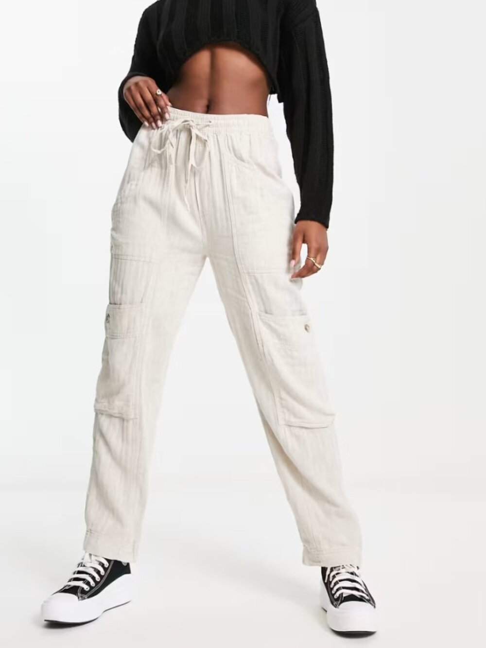 Free People Feelin' Good Utility Pull On Cargo Pants Beige Ivory Linen Blend XS